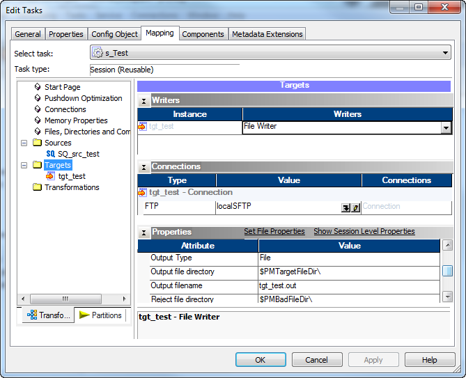 The Mapping tab has the Connections and Properties tab to configure targets. 
				  