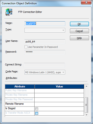 The Connection Object Definition dialog box lists the attributes to configure an SFTP connection object. 
				