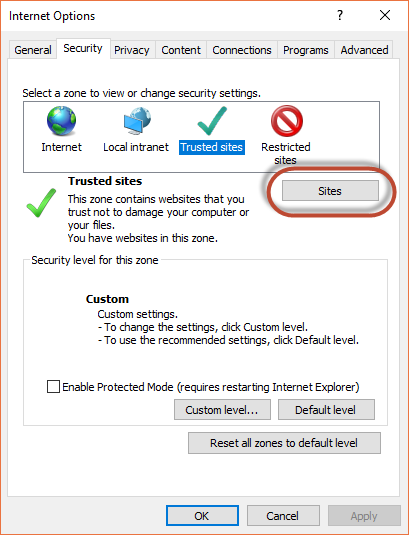 The "Sites" button appears on the Security tab below the "Select a zone to view or change security settings" field when you select "Trusted sites." 
				  