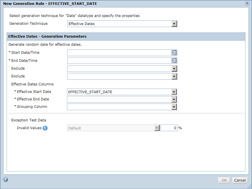 The effective dates parameters are start date and time, end date and time, exclude, null values, and invalid values.
			 