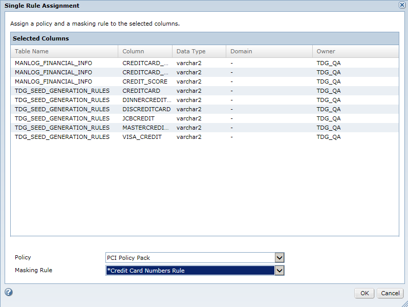 The Single Rule Assignment dialog box shows the PCI Policy Pack policy and the Credit Card Numbers Rule masking rule assignment to all the credit card type columns. 
				  