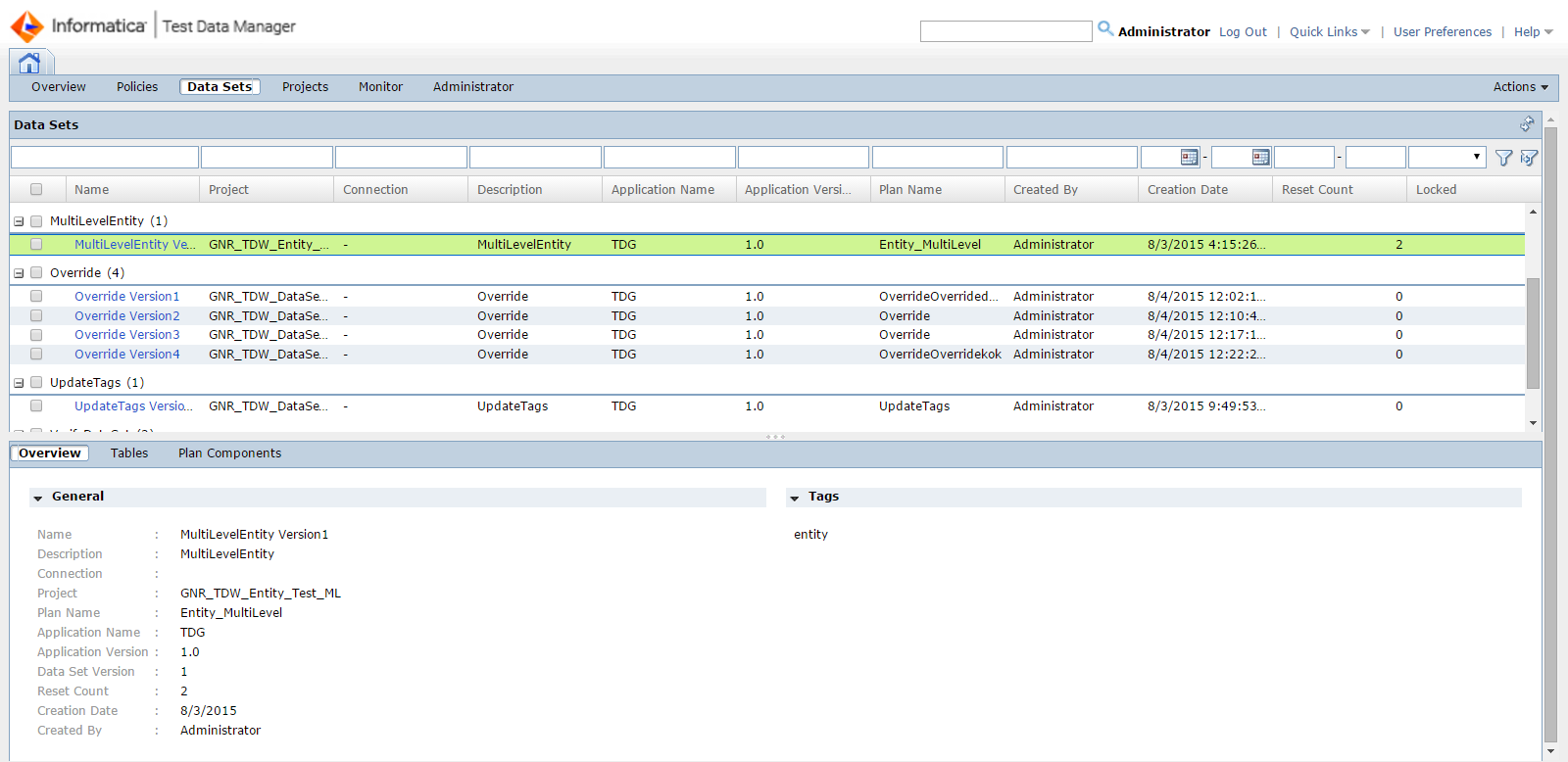La vista Conjuntos de datos contiene una lista de los conjuntos de datos que se almacenan en Test Data Warehouse. La ficha Resumen enumera las propiedades generales del conjunto de datos seleccionado. 
			 
