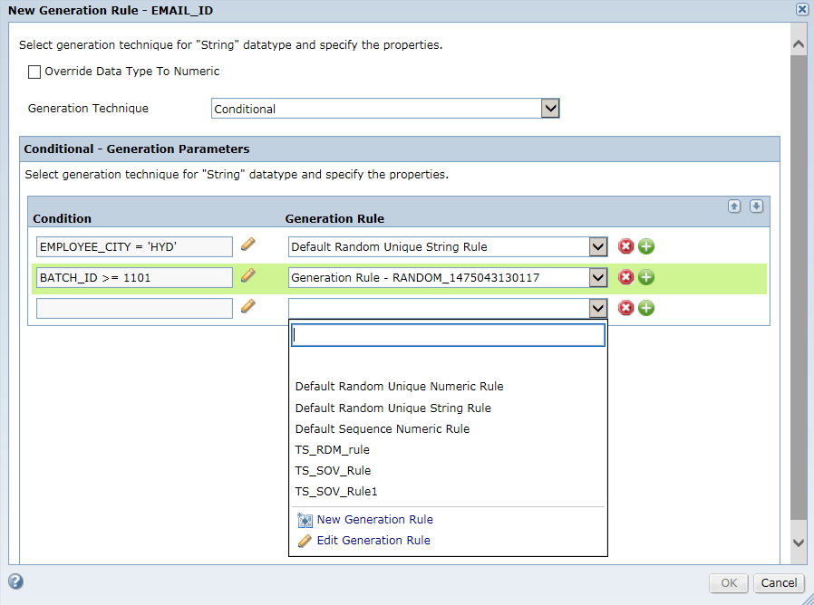 The New Generation Rule dialog box shows the conditional generation parameters such as conditions and generation rules that you can configure for a string data type. 
			 