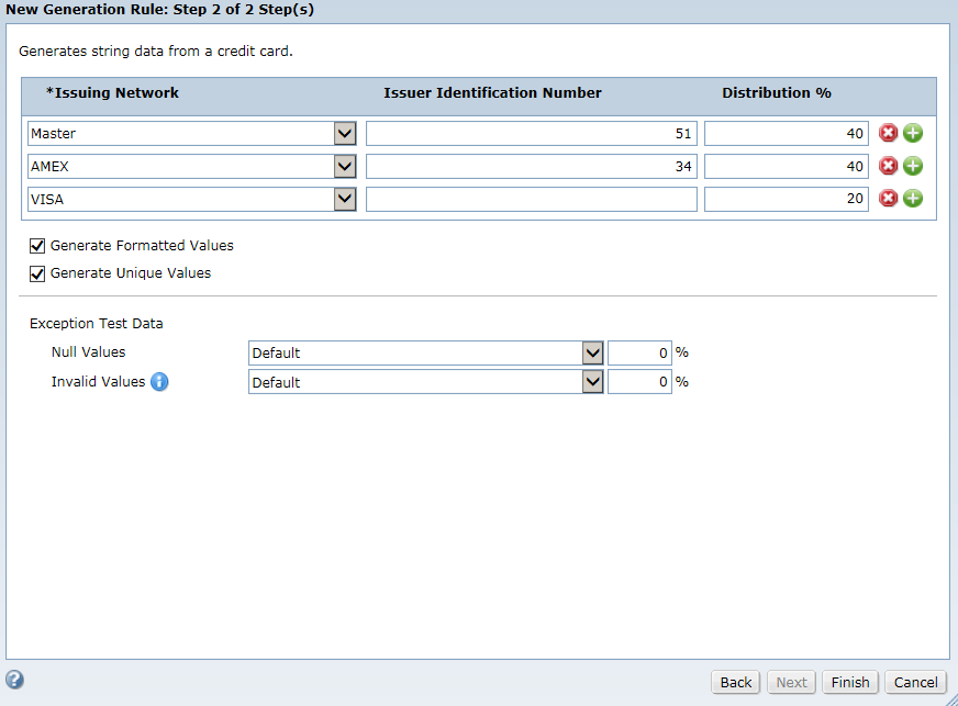 The New Generation Rule dialog box shows the credit card generation parameters. The image shows the Mastercard, American Express, and Visa credit card issuing networks with the distribution percentages. 
			 