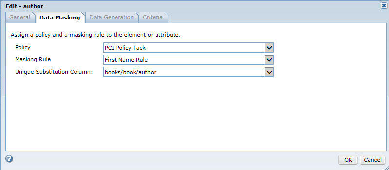The Edit dialog box shows the Data Masking tab. A policy and a masking rule is applied to an XML element. 
				  