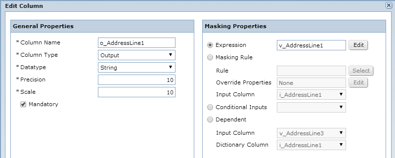 The left pane contains general properties and the right pane contains masking properties for the o_AddressLine1 output column. 
				  