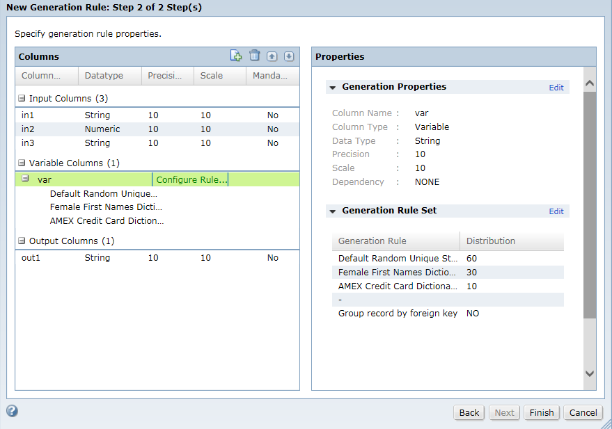 The New Generation Rule dialog box shows the input, variable, and output columns of an advanced rule. The var variable column is selected and the general properties and generation rule set parameters are displayed. 
			 