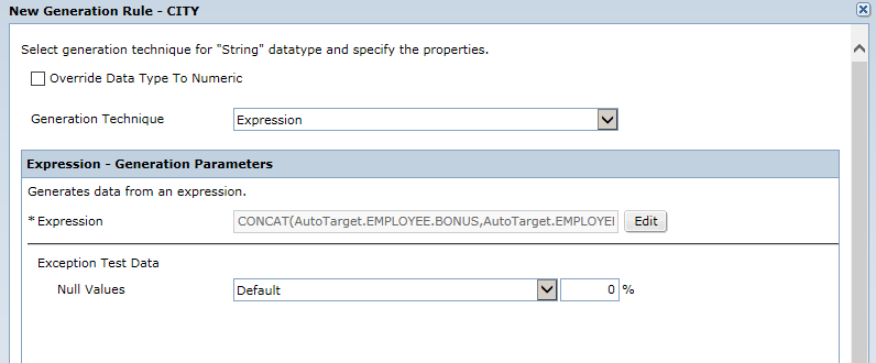 The New Generation Rule dialog box shows the expression and null values that you can create to generate test data. 
			 