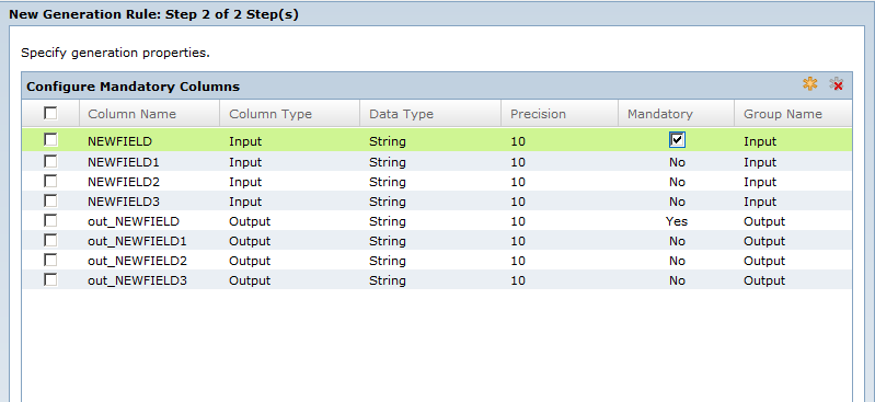 The New Generation Rule dialog box shows the input and output columns of a PowerCenter mapplet that you import. The image shows one input column and one output column marked as required.
			 