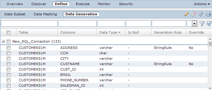 The Data Generation view contains table, column, data type, is null, generation rule, and override columns. 
			 