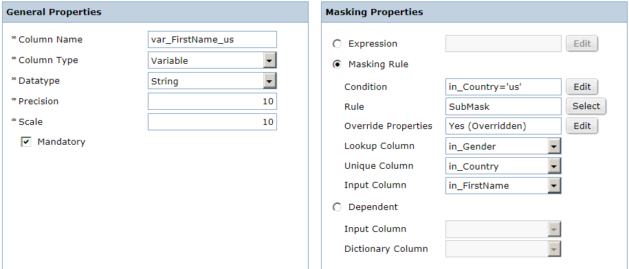 The left pane shows the general properties and the right pane shows the masking properties for the var_FirstName_us variable column. 
				  
