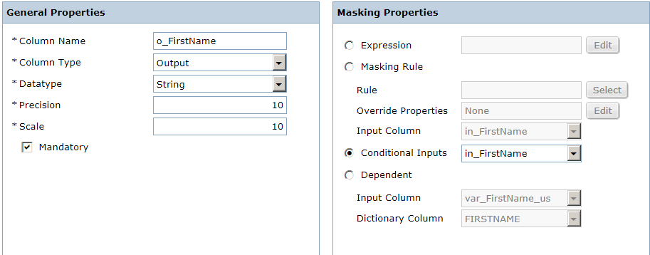 The left pane contains general properties and the right pane contains masking properties for the o_FirstName output column. 
				  