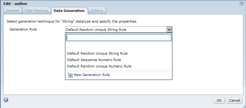 The Edit dialog box shows the Data Generation tab. A list of applicable data generation rules are displayed. 
				  