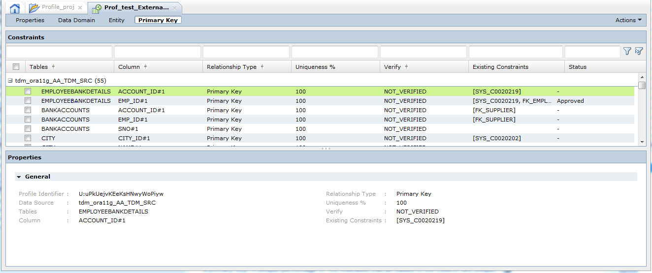 The primary key profile results view shows the column, relationship type, uniqueness percentage, verification status, existing constraints, and status of the tables.
			 