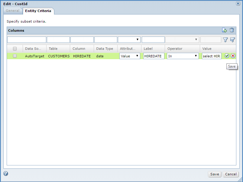 The Entity Criteria tab in the Edit Entity dialog box contains fields to select the operator and enter the value for the criteria. The IN operator is selected and the select clause is entered in the value field. 
			 