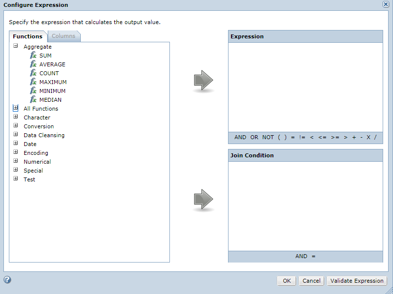 El cuadro de diálogo Configurar expresión muestra fichas de funciones y columnas en el lado izquierdo y expresiones y condiciones de combinación en el lado derecho. La ficha Funciones muestra una lista de las funciones disponibles que puede añadir en el editor de expresiones. 
				
