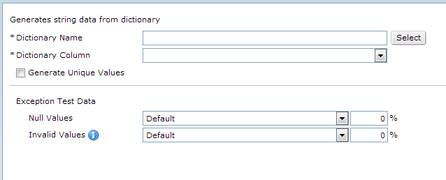 The dictionary generation parameters are dictionary name, dictionary column, generate unique values, null values, and invalid values. 
			 