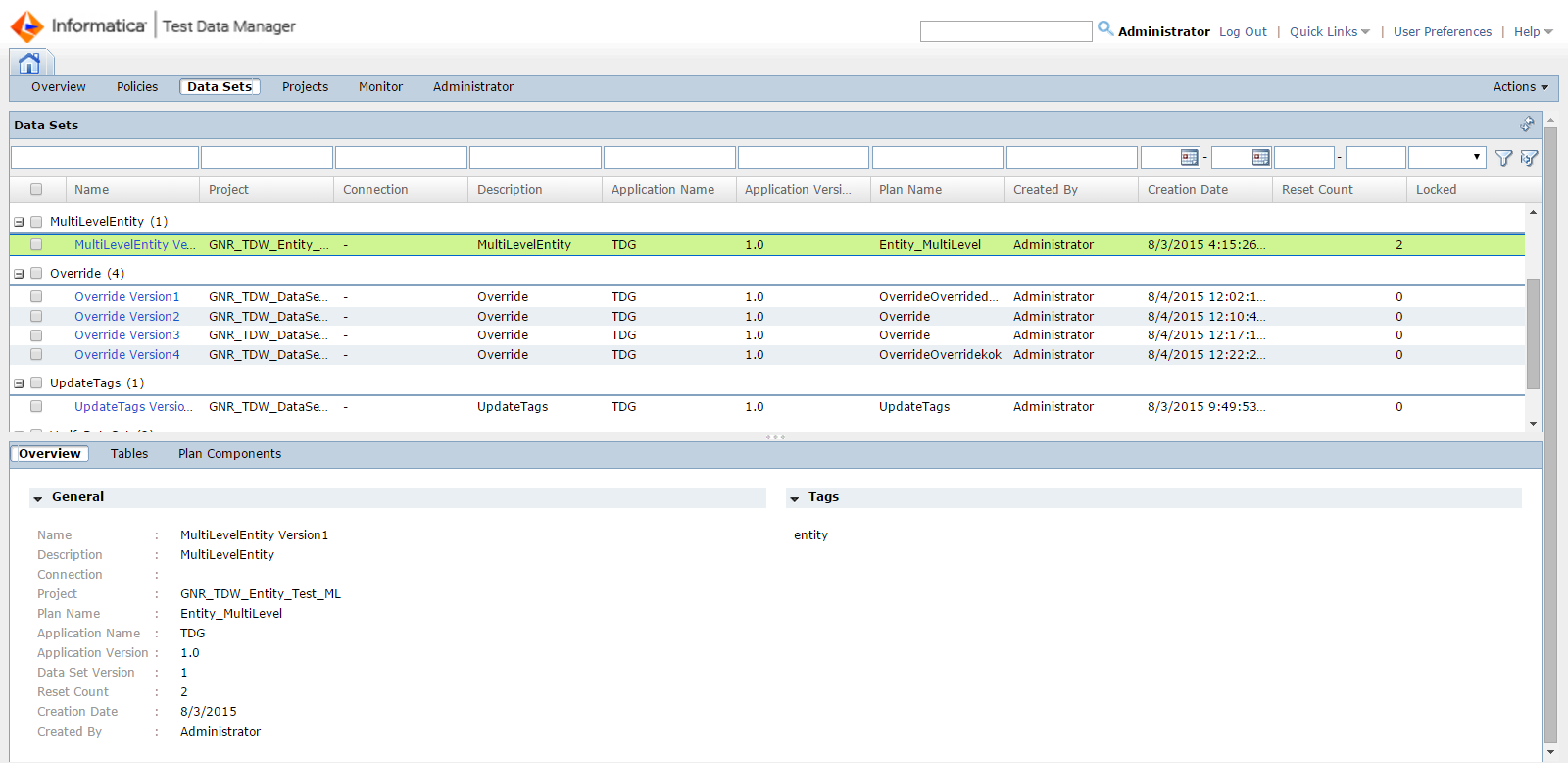 The Data Sets view contains a list of the data sets that you store in the test data warehouse. The Overview tab lists the general properties of the selected data set. 
			 