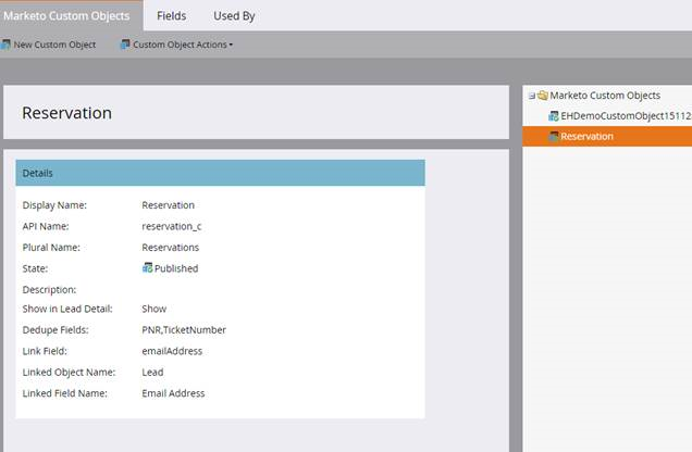 You can view the reservation custom object details in Marketo. 
				  