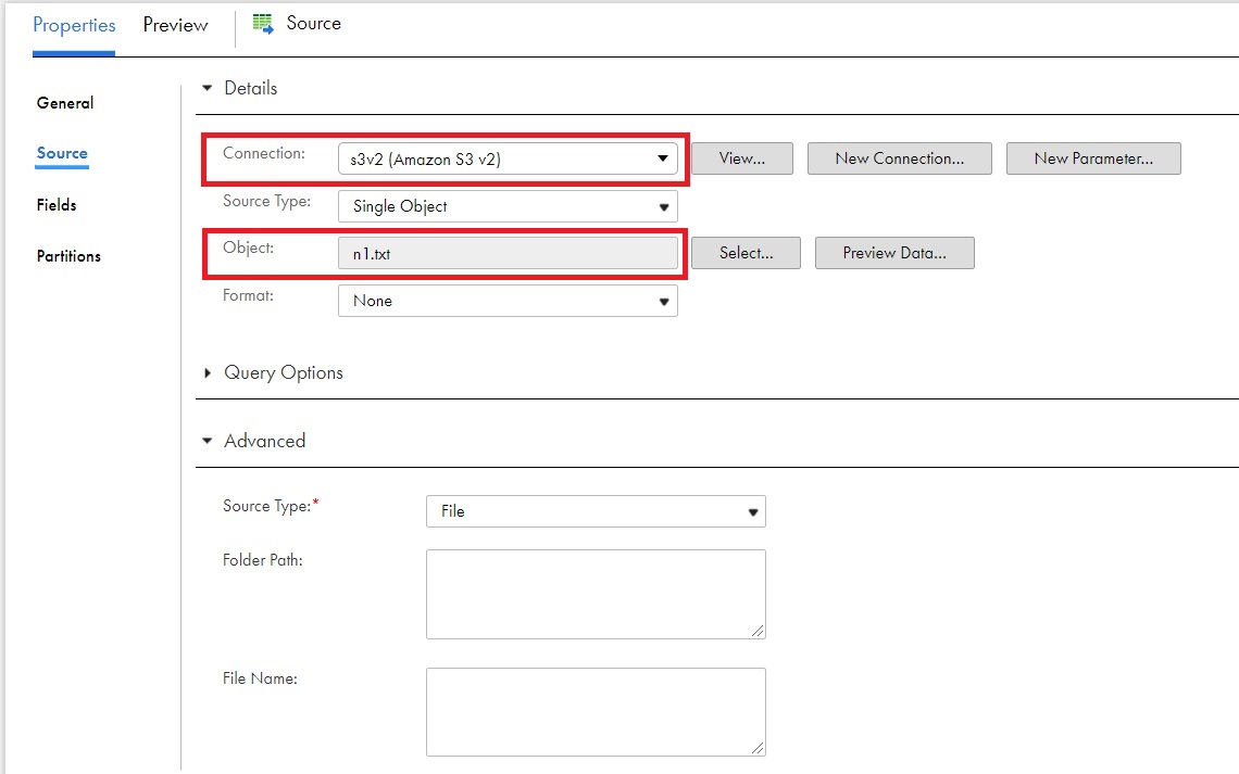 The Amazon S3 V2 connection uses the same object path as in Amazon S3 V1. 
				  