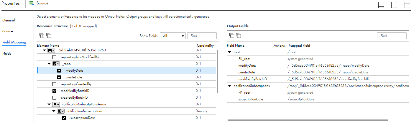 The image shows the response structure and the output groups. 
				  