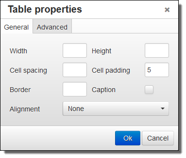 Table Properties dialog 
						