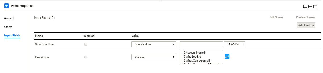 This imgae shows the properties section of a Create Step. The Input Fields tab is selected. The Description field is assigned a Content.
		  