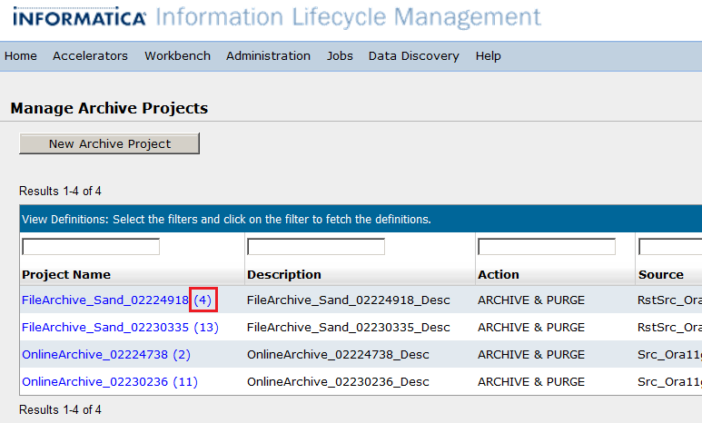 The Manage Archive Projects page lists details of each archive project you create. The definition ID for the archive project is the number inside the parenthesis located next to the project name. 
			 