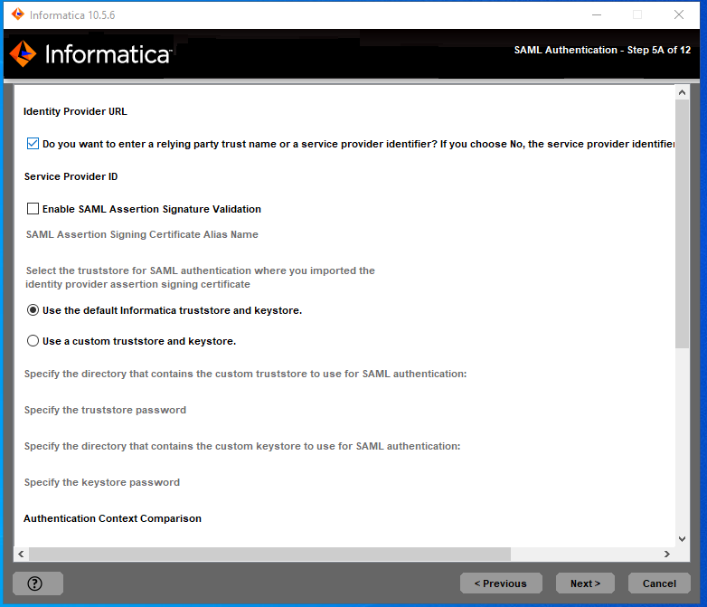 This image describes about SAML authentication that you can enter to configure the single sign on support for Informatica web application. ]
				  