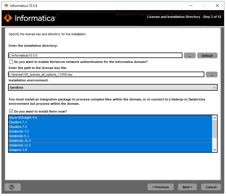 This image describes about the installation directory, enabling kerberos network for the Informatica domain, license key, and the installation environment.
				  