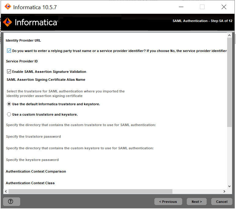 This image describes about SAML authentication that you can enter to configure the single sign on support for Informatica web application. ]
				  