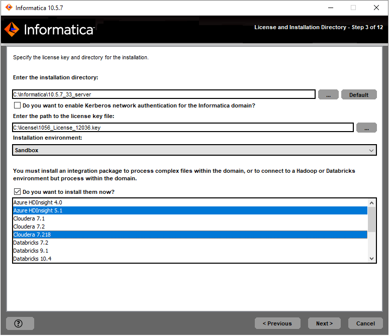 This image describes about the installation directory, enabling kerberos network for the Informatica domain, license key, and the installation environment.
				  