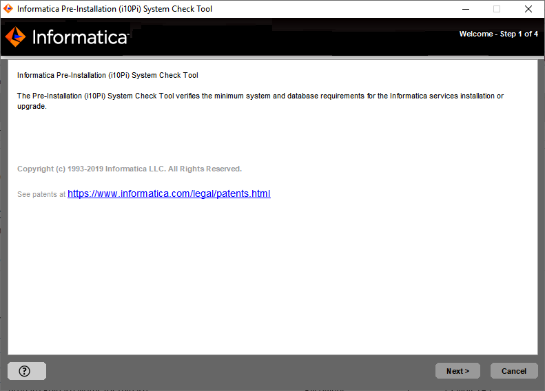 The image displays the Welcome Page for i10Pi and also displays the copyright and patent informtation in Informatica. 
				  