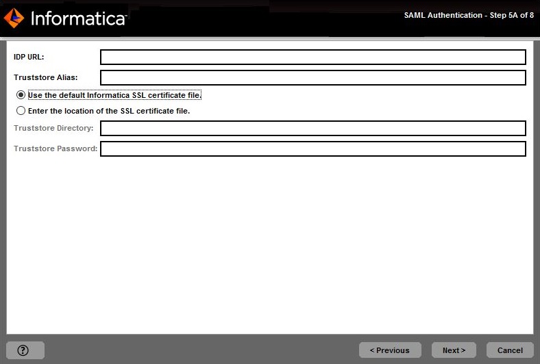 This image describes about SAML authentication that you can enter to configure the single sign on support for Informatica web application. 
				  