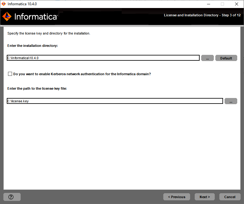 This image descibes about the license key, installation directory, and enabling kerberos network for the Informatica domain. 
				  