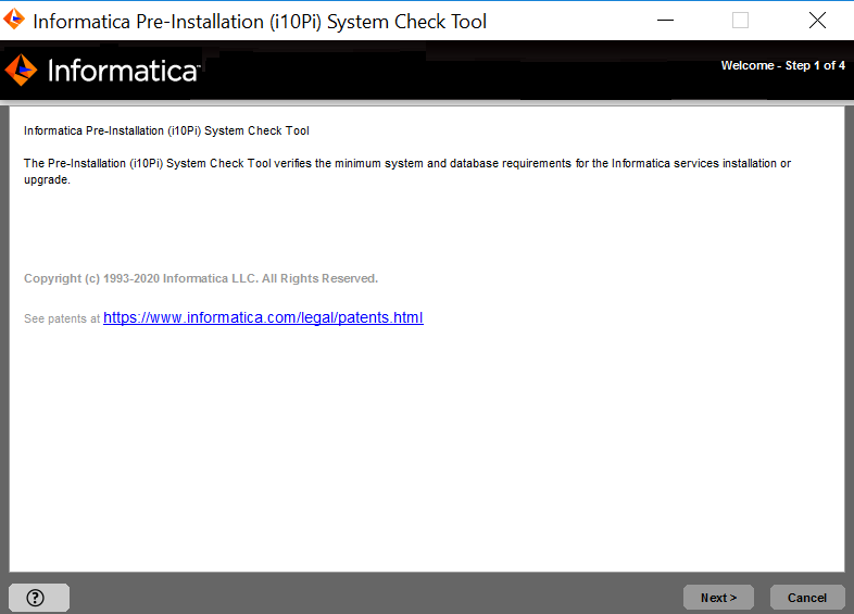 The image displays the Welcome Page for i10Pi and also displays the copyright and patent informtation in Informatica. 
				  