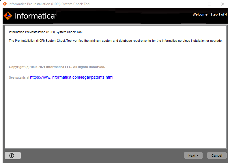 The image displays the Welcome Page for i10Pi and also displays the copyright and patent informtation in Informatica. 
				