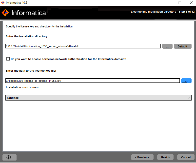 Esta imagem descreve sobre o diretório de instalação, ativando a rede kerberos para o domínio Informatica, chave de licença e ambiente de instalação.
				  