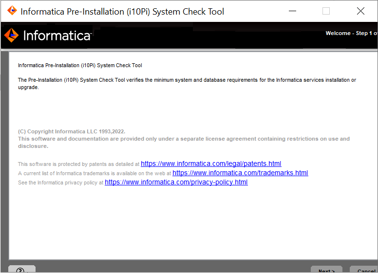The image displays the Welcome Page for i10Pi and also displays the copyright and patent information in Informatica. 
				