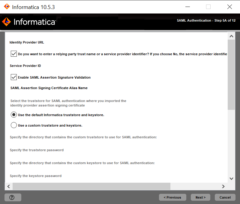 En esta imagen se muestra la autenticación SAML que puede introducir para configurar la compatibilidad de inicio de sesión único para la aplicación web de Informatica. 
				  