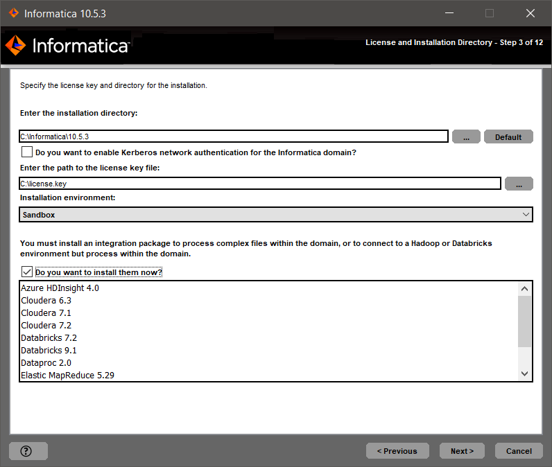 This image describes the installation directory, enabling kerberos network for the Informatica domain, license key, installation environment, and distribution packages. 
			  