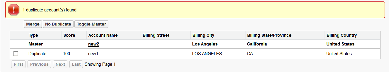 The duplicate record details section contains the Merge, No Duplicate, and Toggle Master buttons. 
		  