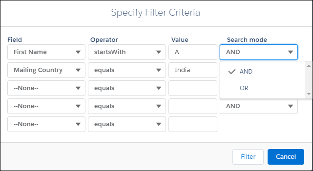 The image displays multiple filter criteria based on conditions in Lighttning Experience. 
				