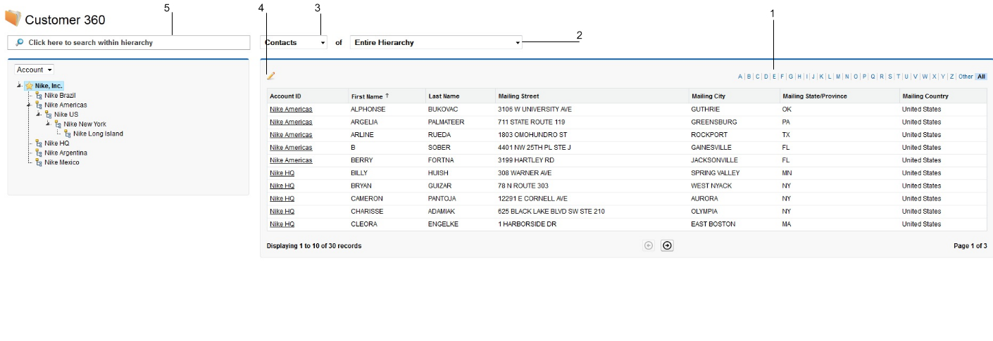 Customer 360 page displays records based on the object type and the node type. The page displays contact records of the entire hierarchy. 
		
