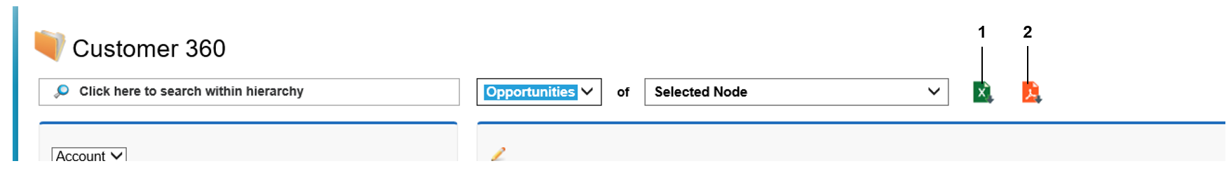 The image displays the export icon on the Customer 360 page in Salesforce Classic mode. 
				