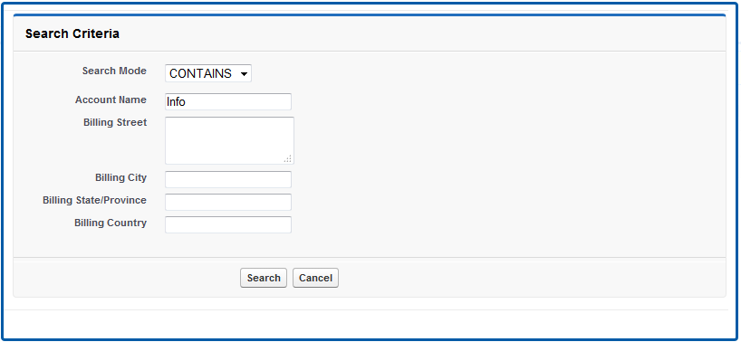 Cloud MDM searches for account names that contain 
			 Info within the account name. 
		  