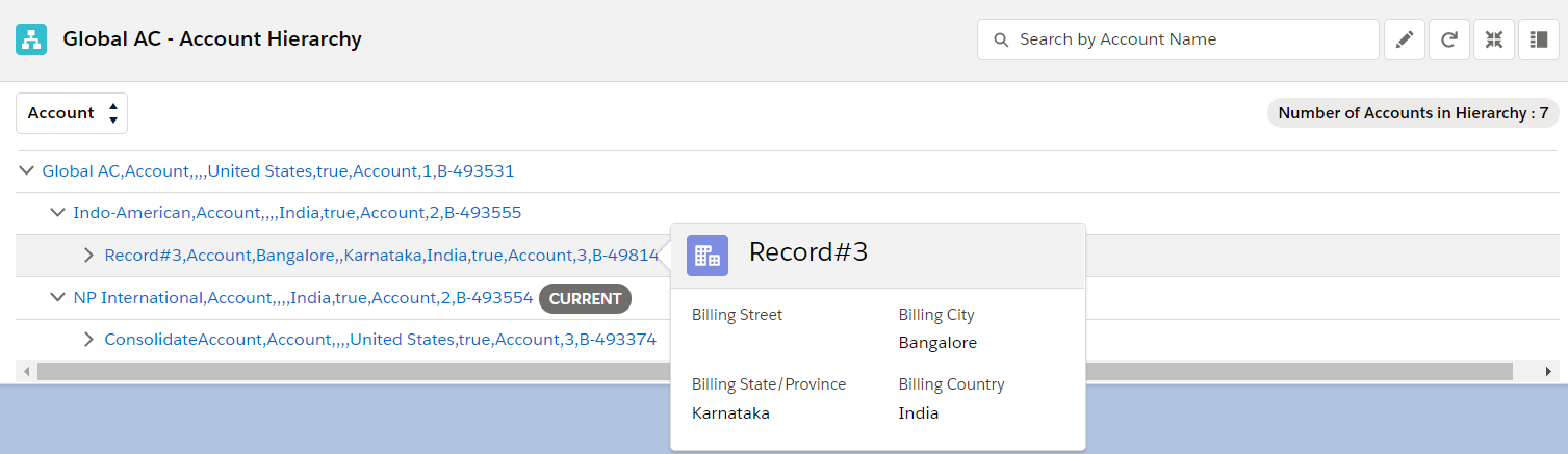Basic details of an account when you hover over a node in a hierarchy.
		  