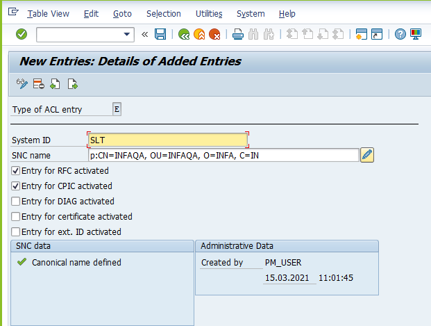 You can view the entered System ID and the SNC details. 
						