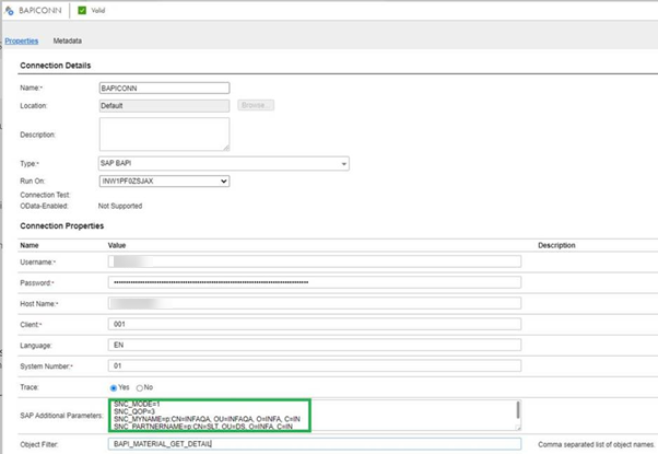 The image shows the SNC properties configured in the SAP BAPI connection 
				  