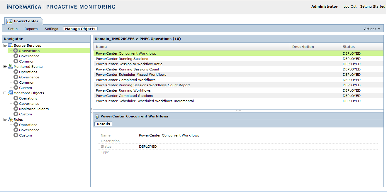 The manage objects view contains the list of monitored folders and PMPC SQL source services. 
		